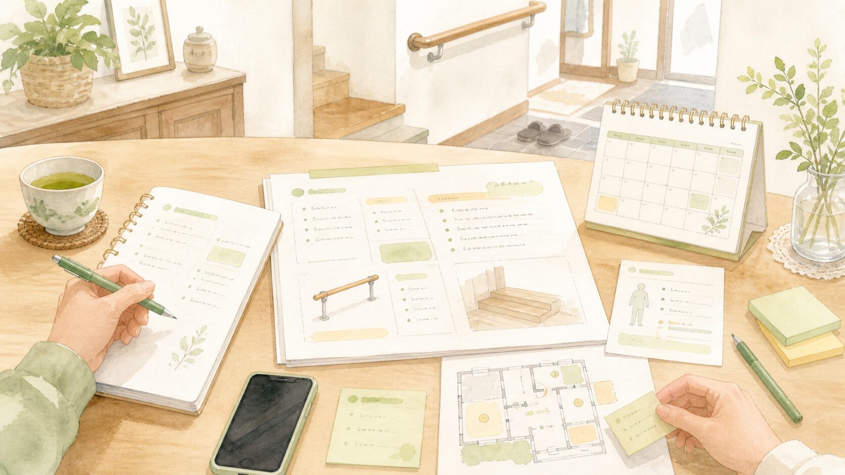 福祉用具や住宅改修を使う前に家族で整理するイメージ