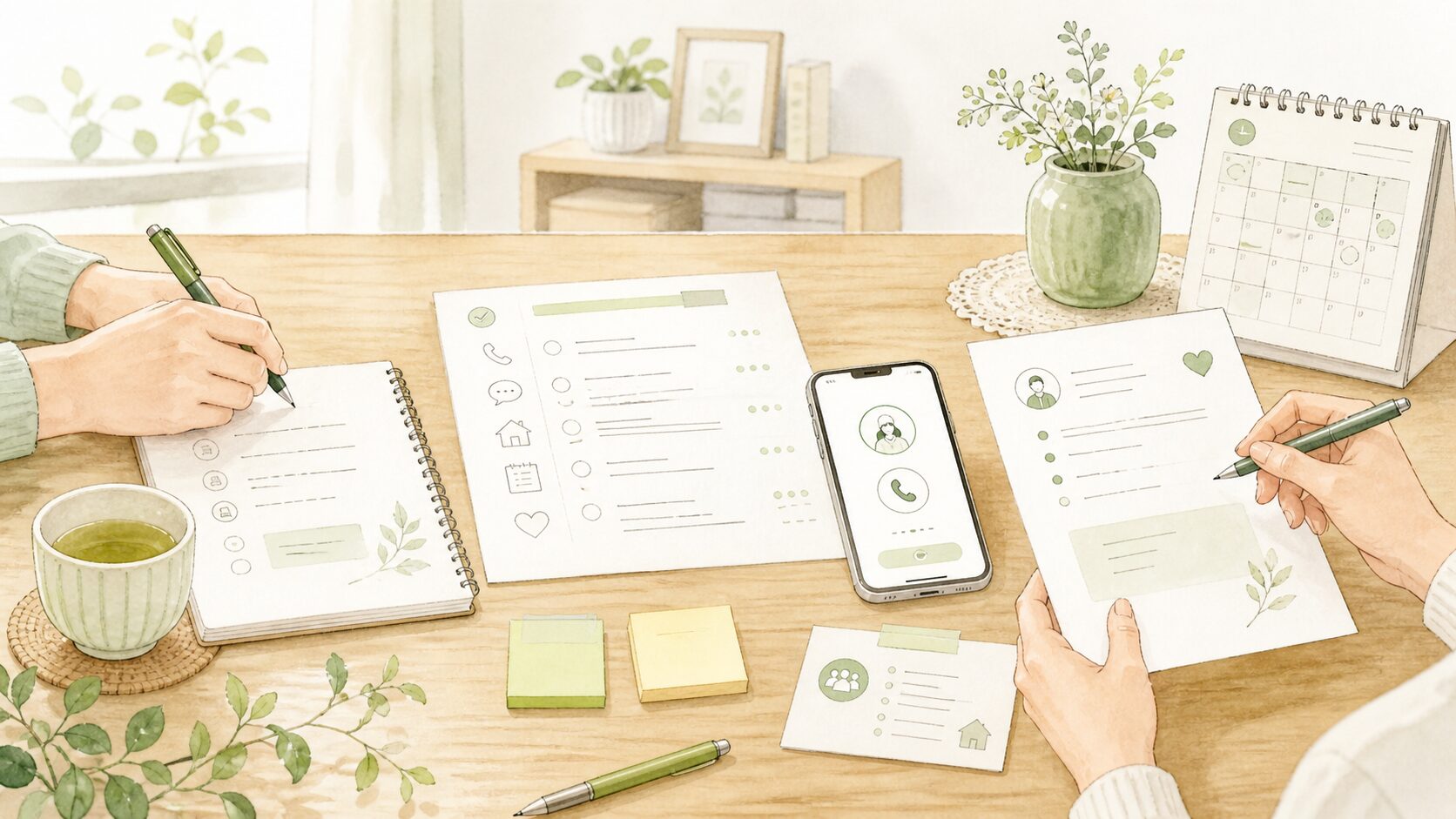 ノートとスマホを使って離れて暮らす親のことを整理するイメージ