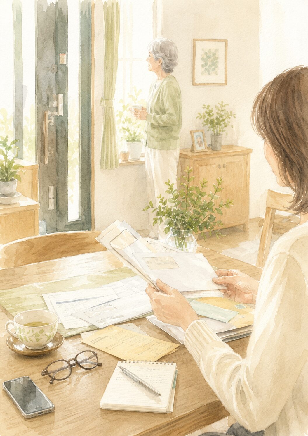 親の家でたまった郵便物や封筒を家族が落ち着いて確認している水彩画風のイメージ