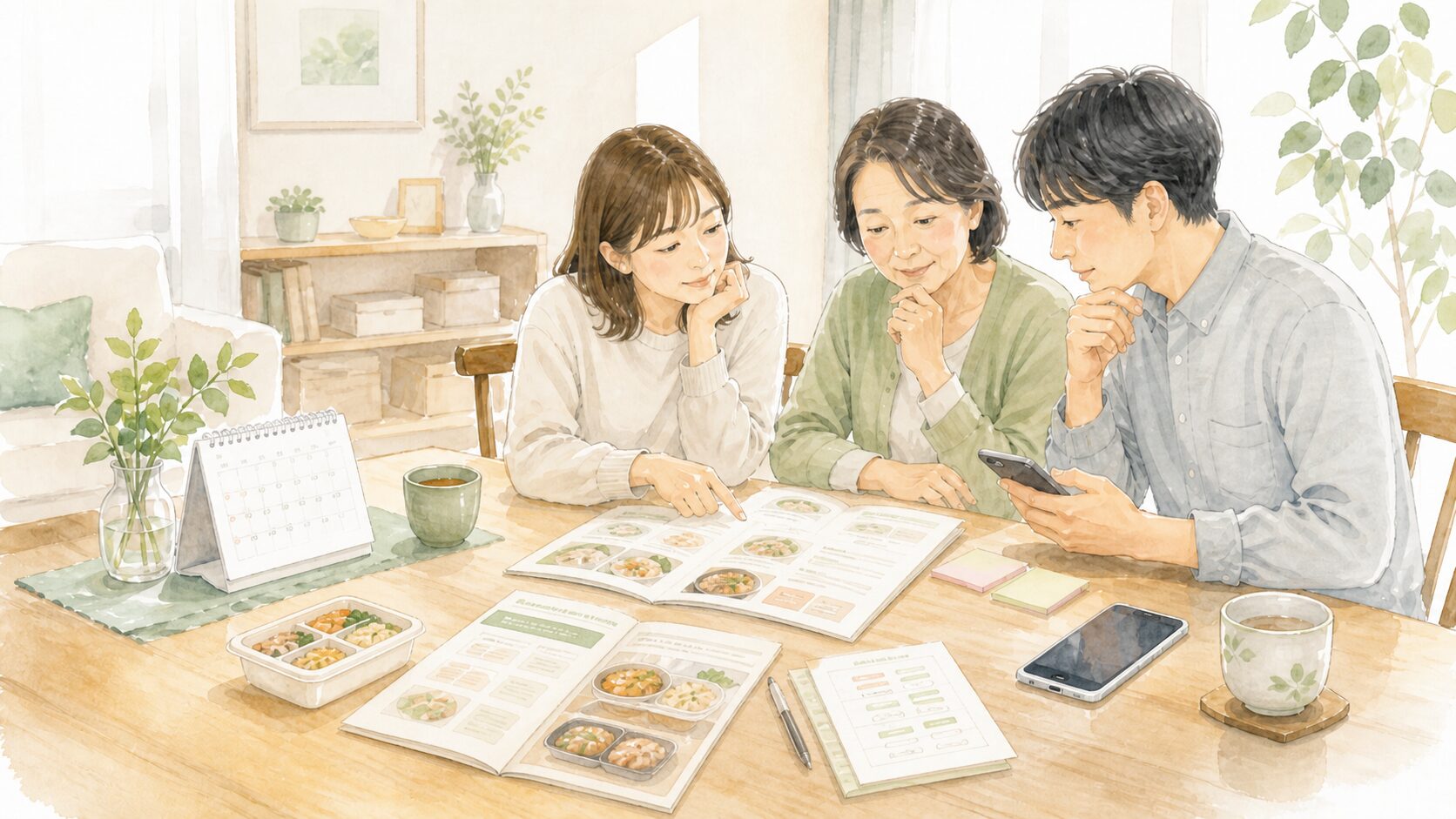 高齢の親に宅配食を使う前に家族でパンフレットやスマホを見ながら確認しているイメージ